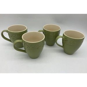 Set 4 Pier 1 One Antique Floral Green Cream Coffee Tea Cup Mug 12oz